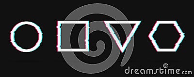 Vector geometric shapes frames with dynamic glitch effect. Easy to animate. Trendy glitch elements. Circle, square, triangle and Vector Illustration