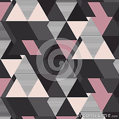 Vector geometrical mosaic pattern. Grey pink and beige futuristic triangle elements. Striped retro decoration print Vector Illustration