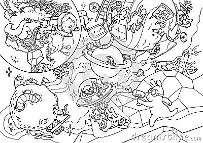 Vector giant coloring page with a space adventure. Contour big illustration with funny cartoon characters in the doodle style for Vector Illustration