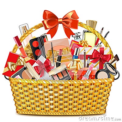 Vector Gift Basket with Makeup Cosmetics Vector Illustration