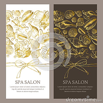 Vector gift card, voucher, banner or flyer template. Golden seashells illustration on white and black backgrounds. Vector Illustration