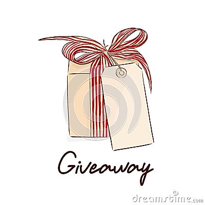 Vector gift giveaway sketch. Cool holiday illustration. Trendy package with ribbon and card. Graphic design Banner Vector Illustration