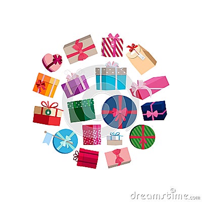 Vector gift packages and boxes with colorful wrapping round illustration Vector Illustration