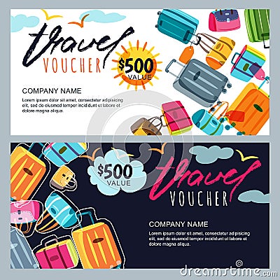 Vector gift travel voucher template. Multicolor luggage, suitcase, bags background. Vector Illustration