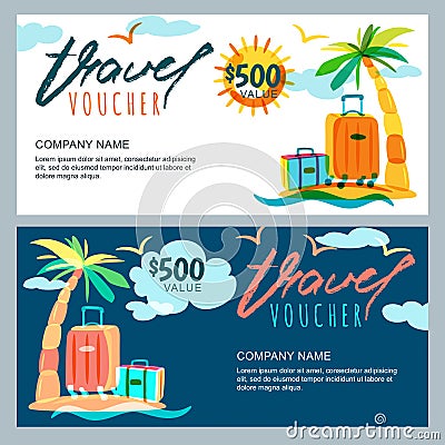 Vector gift travel voucher template. Tropical island landscape with palm tree and luggage suitcase. Vector Illustration