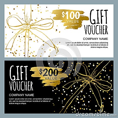 Vector gift voucher template with golden hand drawn bow ribbons. Vector Illustration