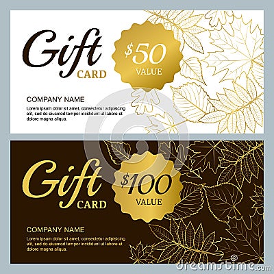 Vector gift voucher template with golden outline fall leaves. Gold, black and white autumn holidays cards. Vector Illustration