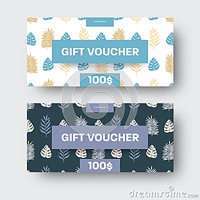 Vector gift voucher template with place in the center, tropical manstera leaves, exotic twigs, in blue, violet Vector Illustration