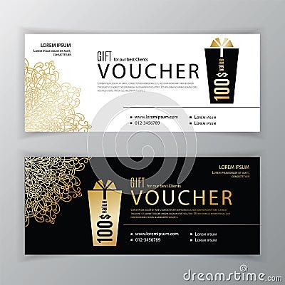 Vector gift voucher template. Universal flyer for business. Clean vector design, black gold design elements. Clean Vector Illustration