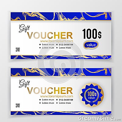 Vector gift voucher template. Universal flyer for business. luxury blue gold white vector for department stores Vector Illustration