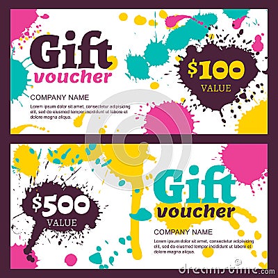 Vector gift voucher with watercolor colorful splashes, blots, st Vector Illustration