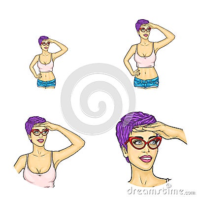 Vector girl covering face by hand, pop art avatar Vector Illustration