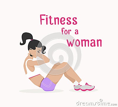 Vector girl does abdominal crunches, woman works out Vector Illustration