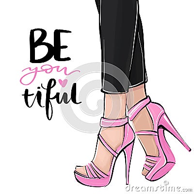 Vector girl in high heels. Fashion illustration. Female legs in shoes. Vector Illustration