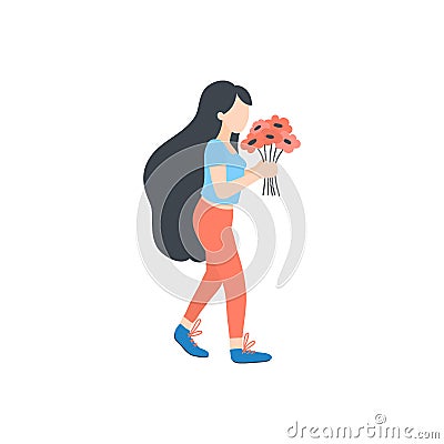 Vector girl pick flowers, summer spring outdoor activities. Vector Illustration