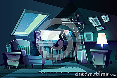 Vector girl s room at night. Cartoon garret bedroom Vector Illustration