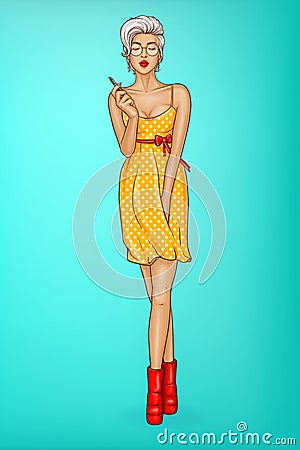 Vector girl with lips holds red lipstick. Vector Illustration