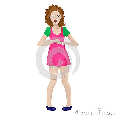 Vector girl thermometer or pregnancy test is shocked or surprised. Flat style cartoon drawing Vector Illustration