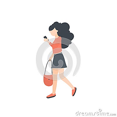 Vector girl walking with smartphone, summer spring outdoor activities. Vector Illustration