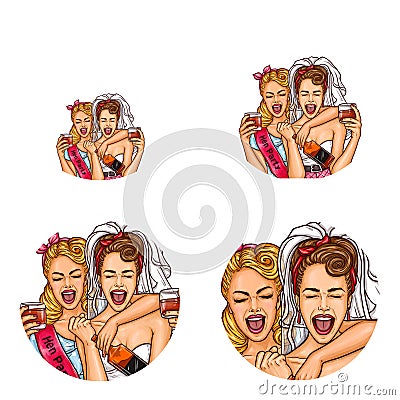 Vector girls, bride hen party pop art avatar icons Vector Illustration