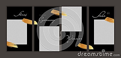 Vector giveaway story trendy templateset. Black and white frames with gold brushstrokes transparent frame and title text. Design Stock Photo