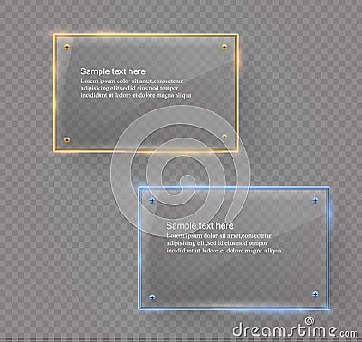 Vector glass modern banner set with shiny golden metallic frame on transparent background. Stock Photo