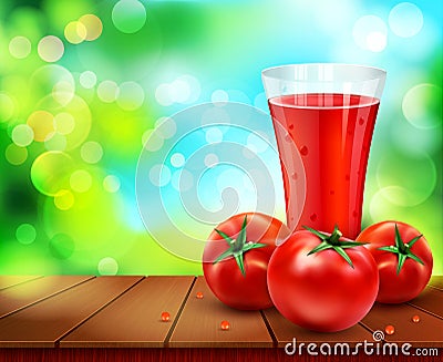 vector with a glass of tomato juice, tomatos standing on a wooden table on the background of the sky and green foliage Vector Illustration