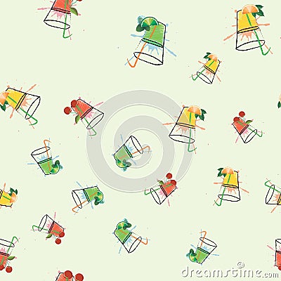 Vector glasses of orange, Cherry juice and mojito in hatching style seamless pattern Stock Photo