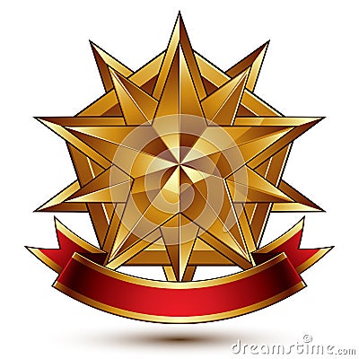 Vector glorious glossy design element, luxury 3d polygonal golden star placed on a decorative blazon, conceptual graphic coat Vector Illustration