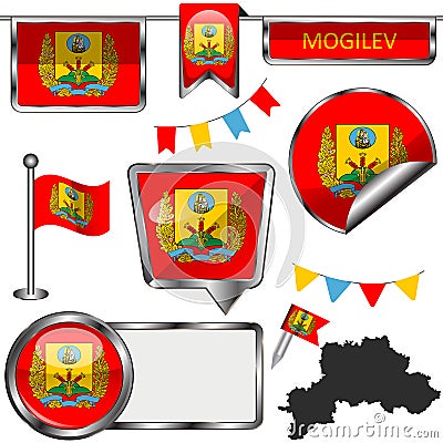 Glossy icons with flag of Mogilev, Belarus Vector Illustration
