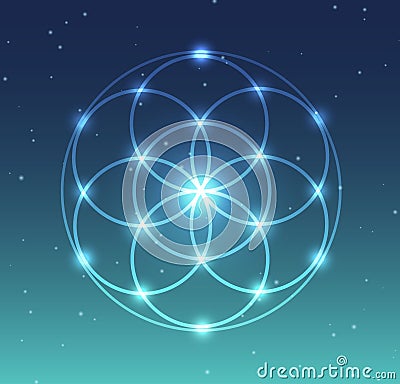 Vector Glowing Flower of Life Symbol Illustration with Starry Background Vector Illustration