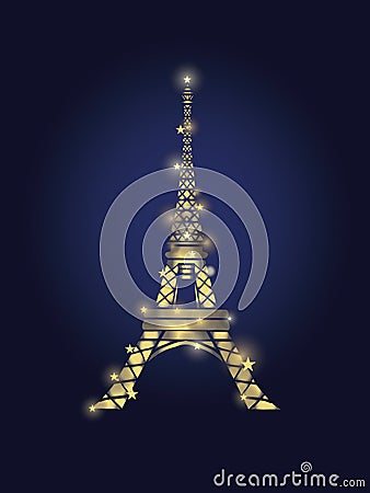 Vector Glowing Golden Eiffel Tower in Paris Silhouette At Night. . French Landmark On Dark Blue Background. Vector Illustration