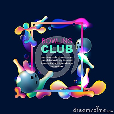 Vector neon bowling background. Frame with multicolor 3d bowling balls and pins on black background. Vector Illustration