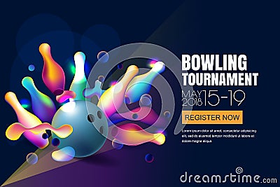 Vector glowing neon bowling tournament banner or poster with multicolor 3d bowling balls and pins. Vector Illustration