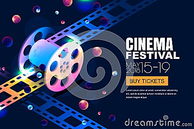Vector glowing neon cinema festival banner. Film reel in 3d isometric style on abstract night cosmic sky background. Vector Illustration