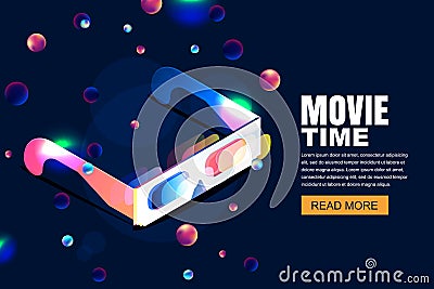 Vector glowing neon cinema, movie illustration. 3d glasses in isometric style on abstract night cosmic sky background. Vector Illustration