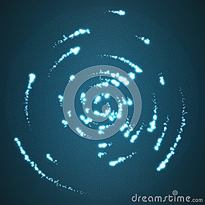 Vector glowing particles flying around the center leaving trails. Radar like blue background. Spinnig shining comets. Vector Illustration