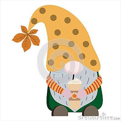 Vector gnome in fall colors, coffee cup with cream on white background Vector Illustration