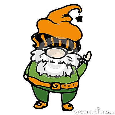 Vector gnome in a flat style. An isolated dwarf, drawn in cartoon style with a star on a striped orange hat, in green clothes with Vector Illustration
