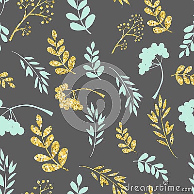 Vector gold and blue seamless pattern. Original floral ornament on dark background. Trendy glitter texture. Vector Illustration