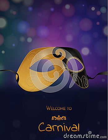 Vector gold carnival mask with shiny texture. Invitation card, welcome to carnival. Vector Illustration