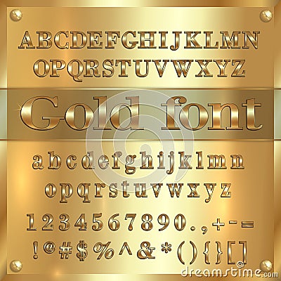 Vector gold coated alphabet letters, digits and punctuation on golden background Vector Illustration