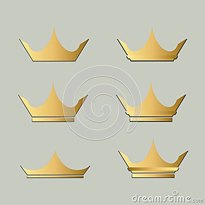 Vector gold crown with dark shadow icons set. Decoration props for medals, coins, badges, ets, isolated on dark background Vector Illustration