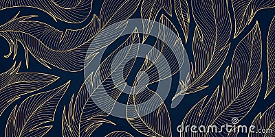 Vector gold feathers on black pattern, abstract luxury line design wallpaper. Art deco wedding texture, wing angel Vector Illustration