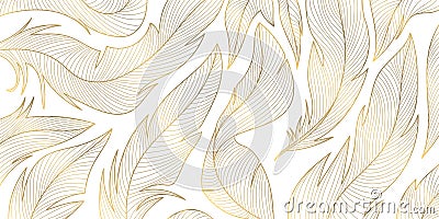 Vector gold feathers on white pattern, abstract luxury line design wallpaper. Art deco wedding texture, wing angel Vector Illustration