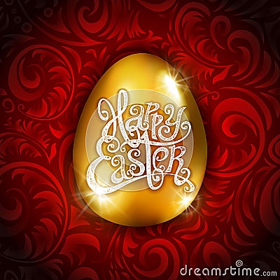 Vector Gold Foil Happy Easter Greeting golden Egg Card. red Background. Joyful wishes, holiday greetings Vector Illustration