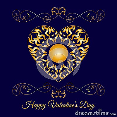 Vector Gold Fretwork Floral Heart Over Blue. Happy Valentines Day Holiday Vector Illustration