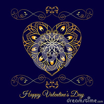 Vector Gold Fretwork Floral Heart Over Blue. Happy Valentines Day Holiday Vector Illustration