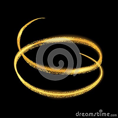 Vector gold light trail circle. Yellow neon glowing fire ring trace. Glitter magic sparkle swirl effect on transparen Vector Illustration