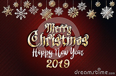 Vector gold Merry christmas greetings and Happy new year 2019 dark red background. golden snowflakes Vector Illustration